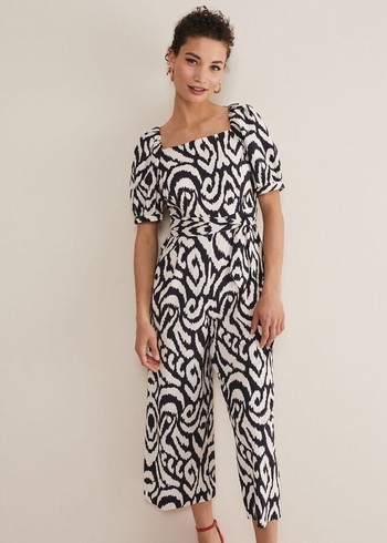 Phase Eight Sara Ikat Wide Leg Jumpsuit Black/Cream Australia | YI7306895